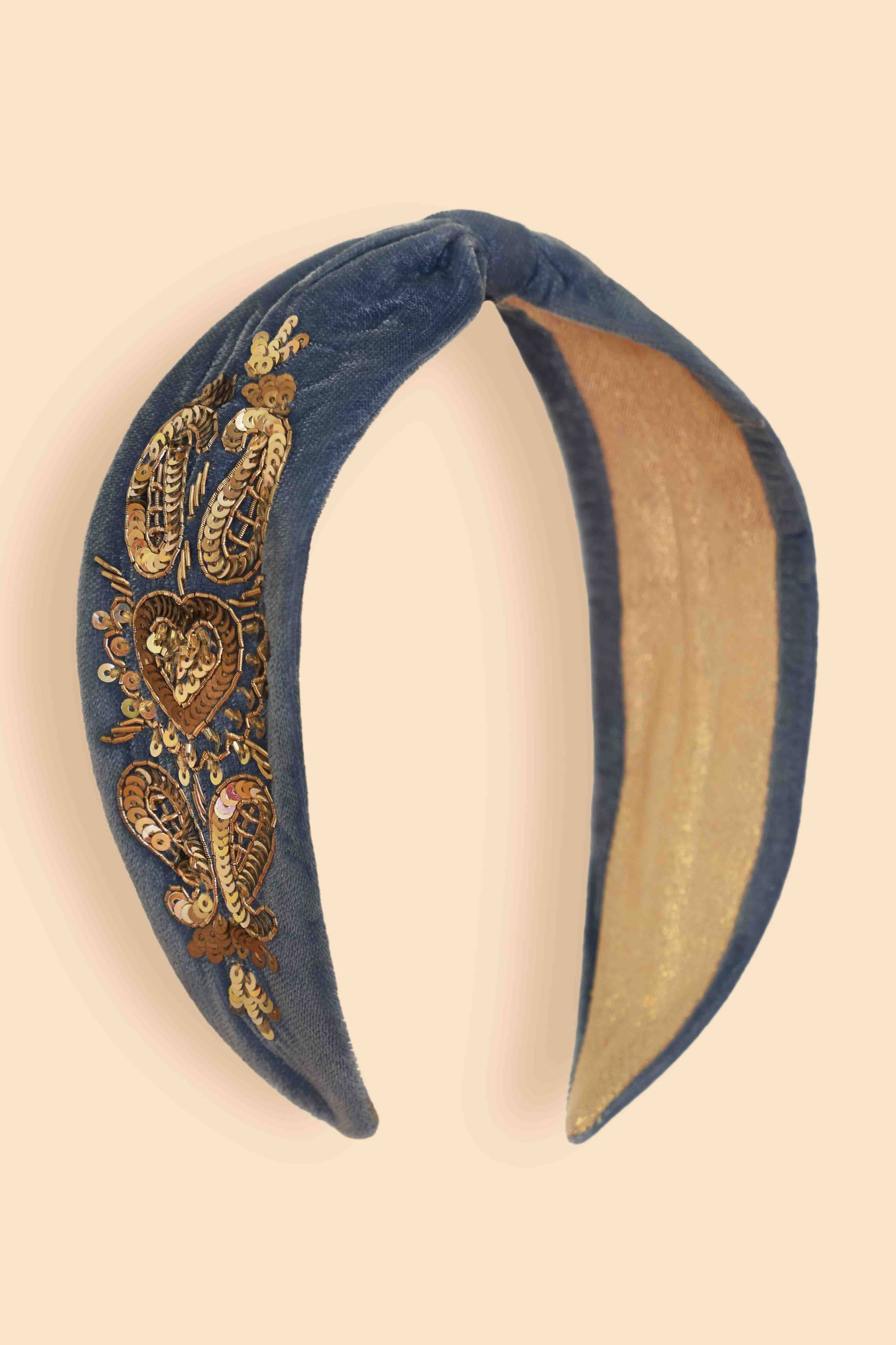 Velvet Embroidered Headband Powder Midnight Posy Embroidered Velvet Headband in Blue  main image 2