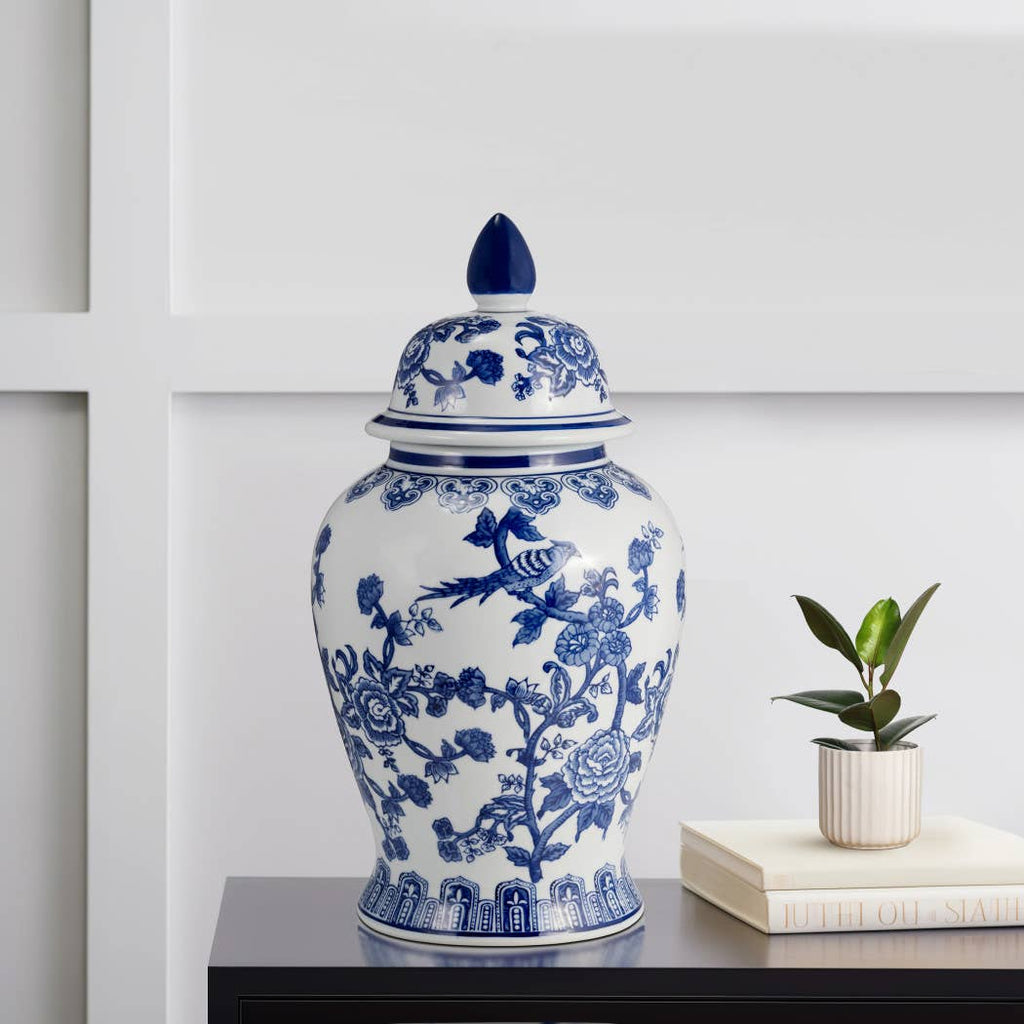 Blue Ceramic Chinoiserie Temple Jar with Bird/Flower - 18 in.