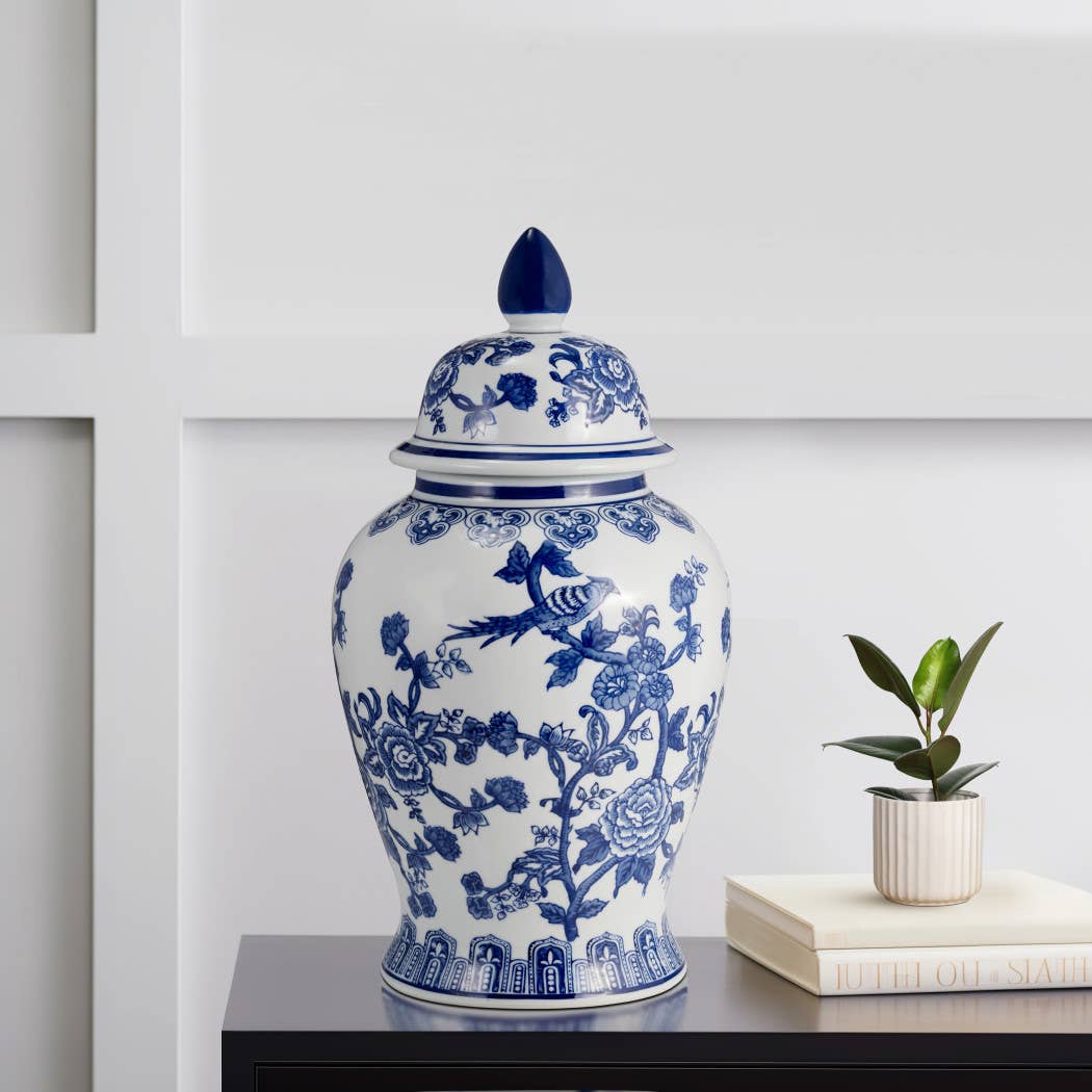 Blue Ceramic Chinoiserie Temple Jar with Bird/Flower - 18 in.