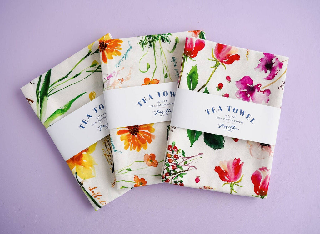 Botanical Rainbow (Red) Kitchen Tea Towel. Floral Tea Towel.