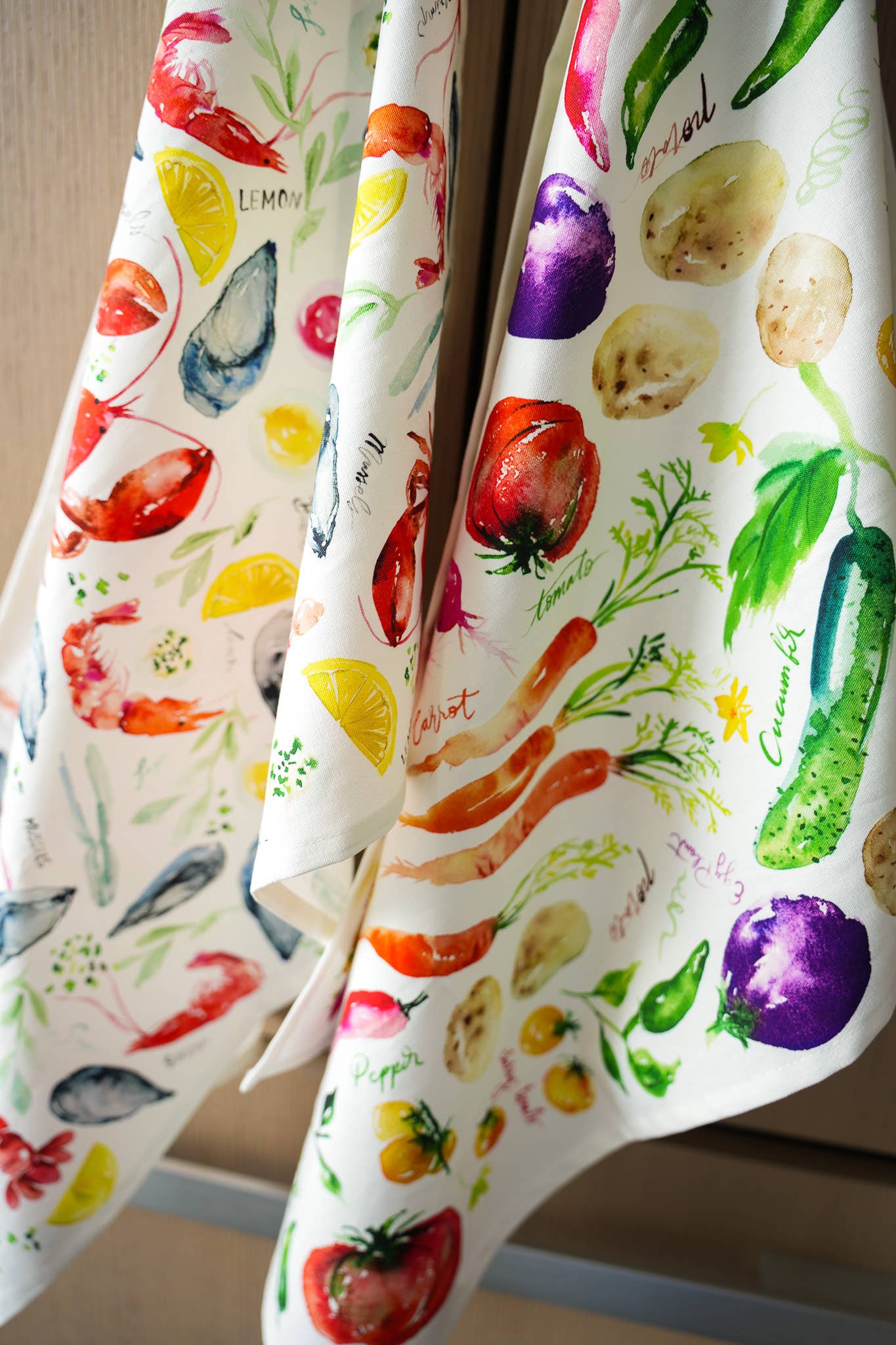 Seafood Table Tea Towel. Watercolor Lobster Dish Towel.