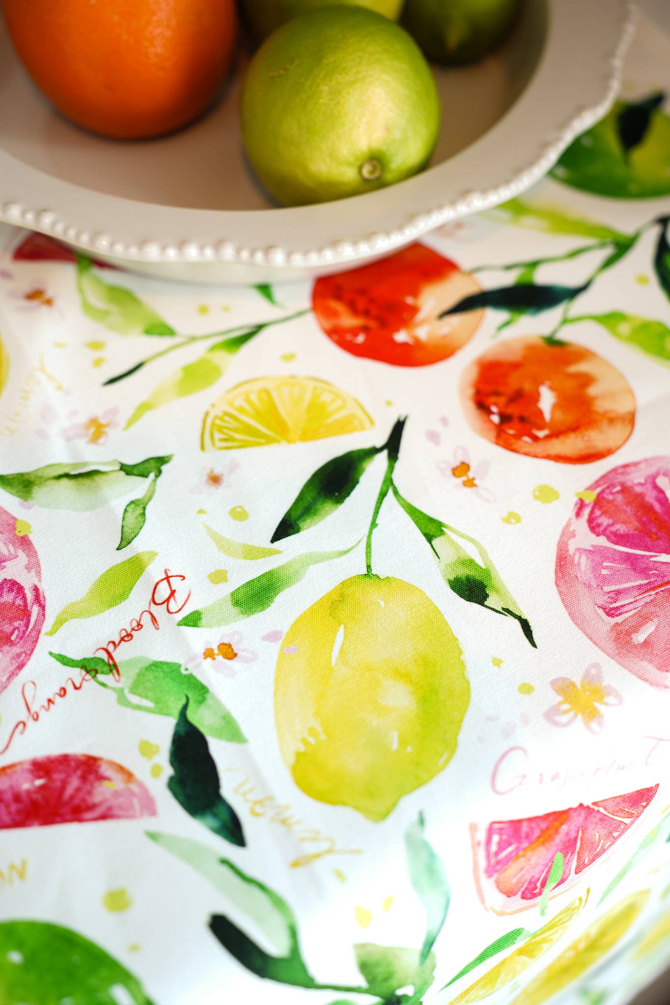 Citrus Party Tea Towel. Lemon Fruit Watercolor Kitchen Towel