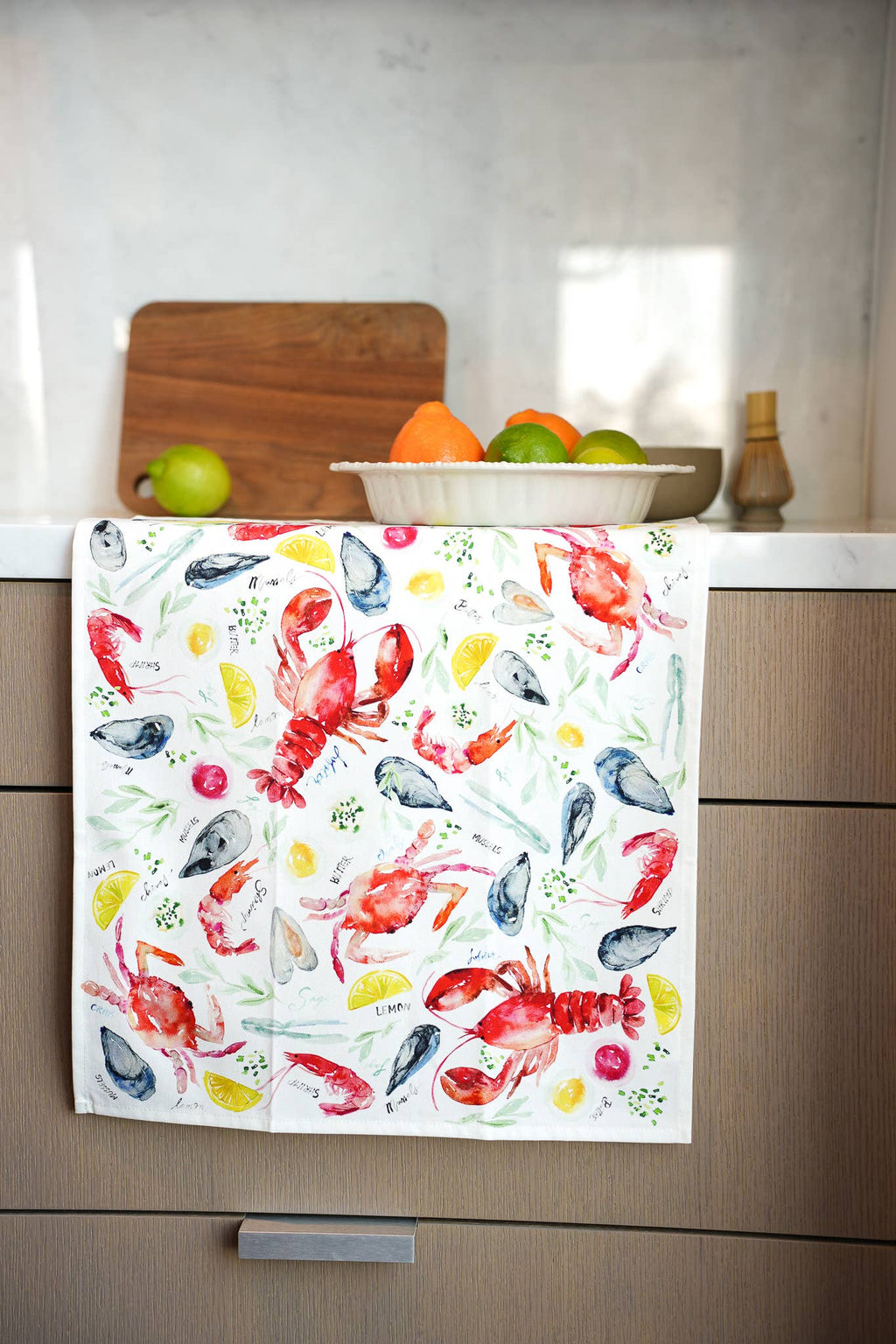 Seafood Table Tea Towel. Watercolor Lobster Dish Towel.