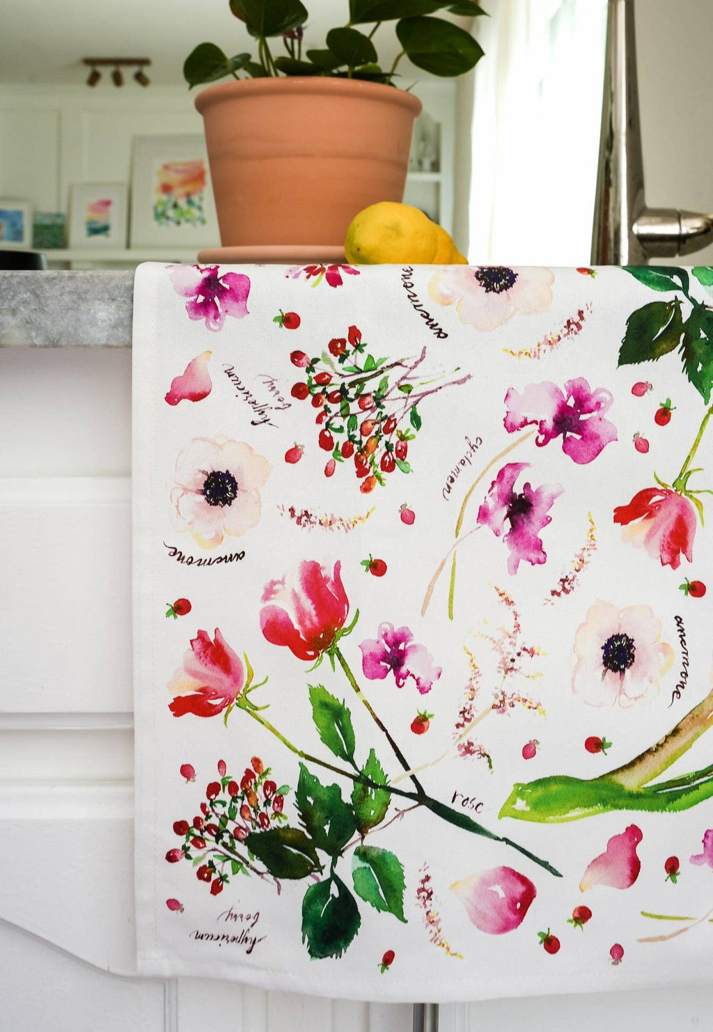 Botanical Rainbow (Red) Kitchen Tea Towel. Floral Tea Towel.