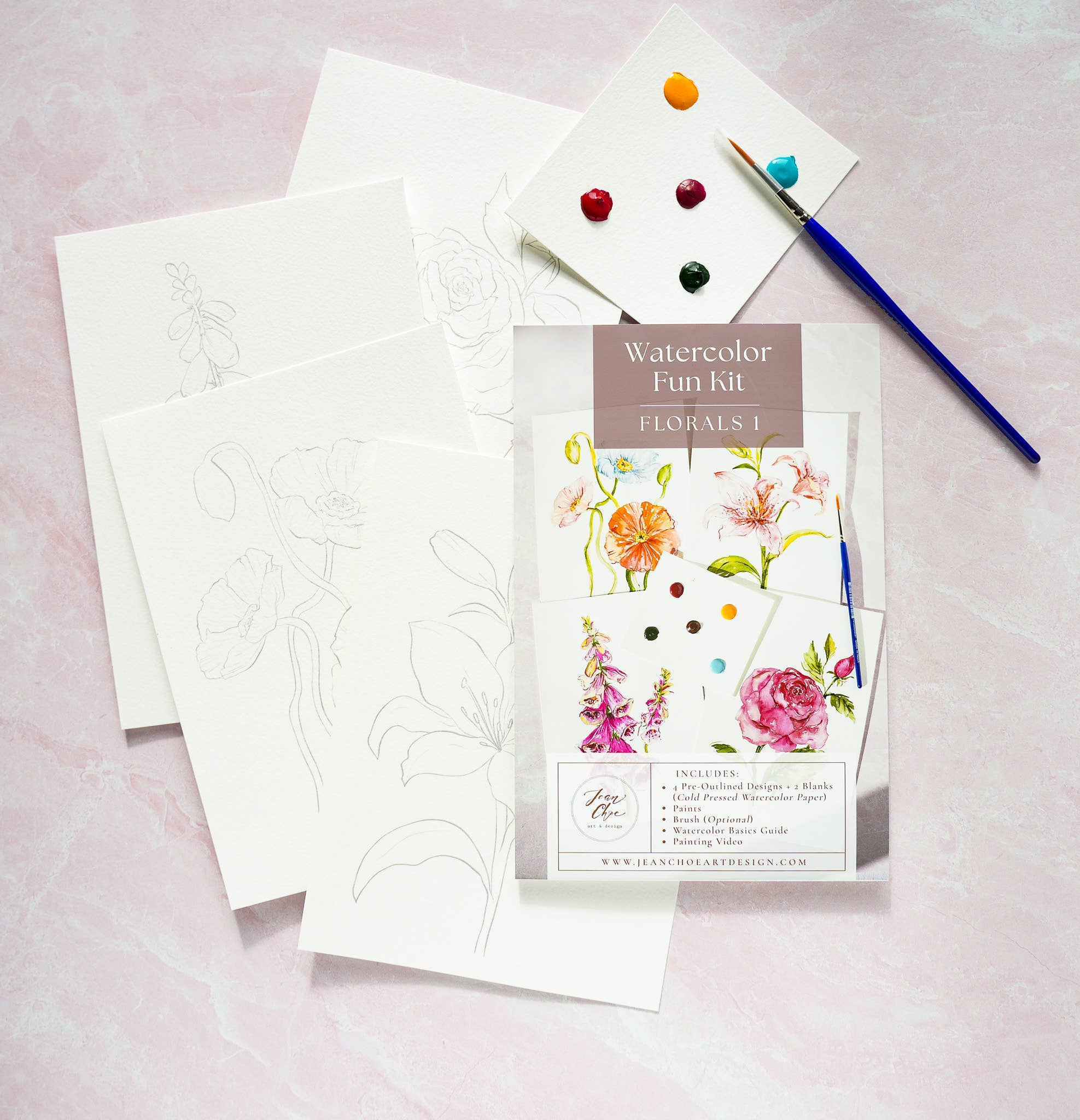 Florals Watercolor Painting Kit with Outlined Pages