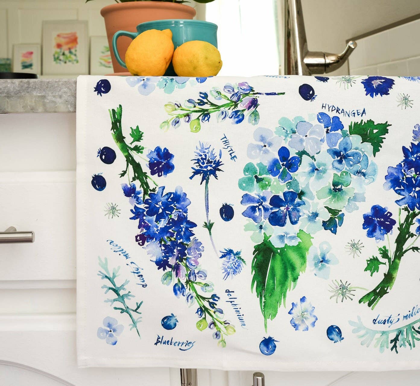 Botanical Rainbow (Blue) Flower Tea Towel. Floral Dish Towel