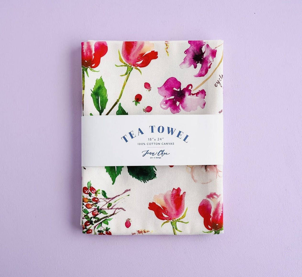 Botanical Rainbow (Red) Kitchen Tea Towel. Floral Tea Towel.