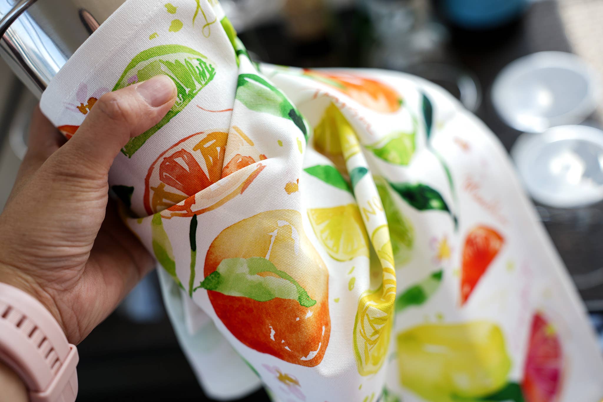 Citrus Party Tea Towel. Lemon Fruit Watercolor Kitchen Towel