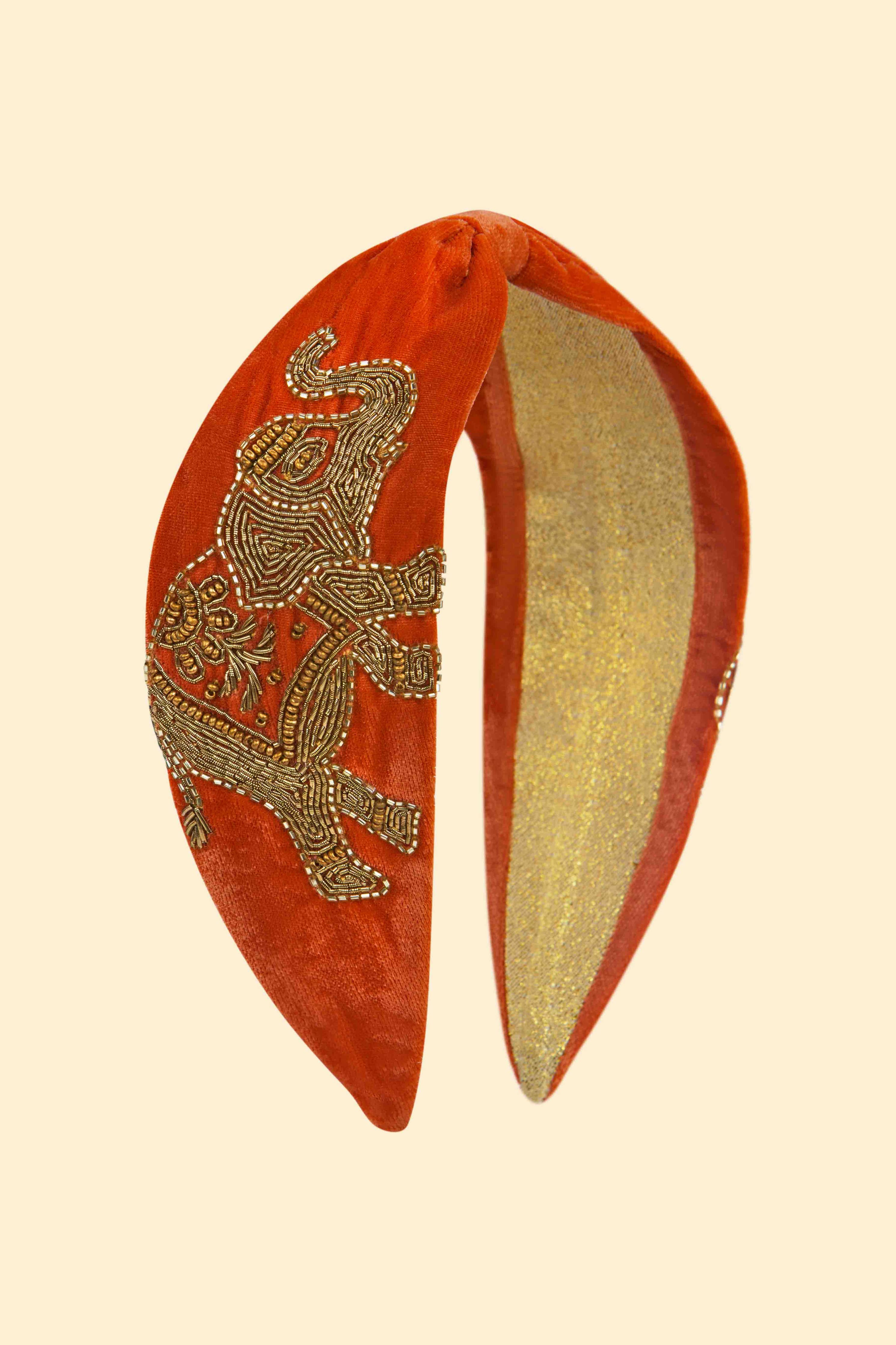 Velvet Beaded Headband Elephant in Terracotta
