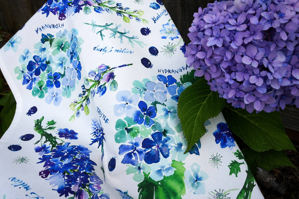 Botanical Rainbow (Blue) Flower Tea Towel. Floral Dish Towel