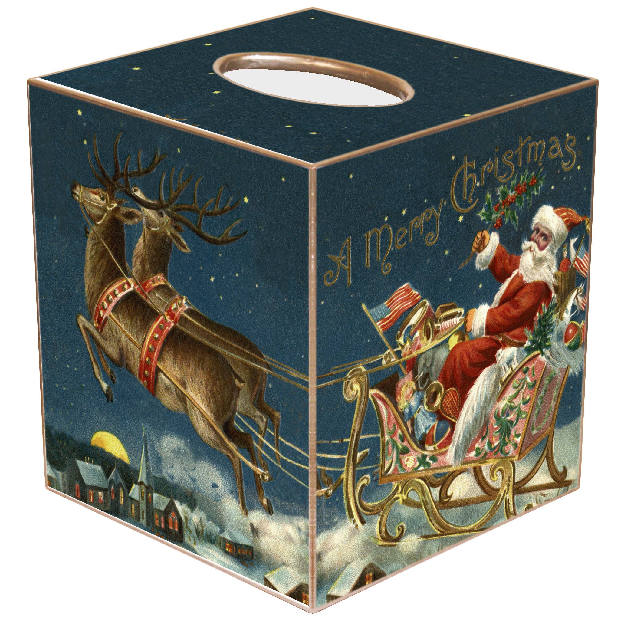 Tissue box cover with Santa Claus in sleigh pulled by two reindeer over rooftops on a dark blue evening sky background