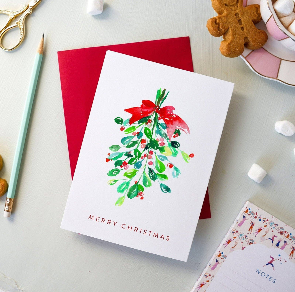 Merry Christmas Mistletoe Watercolor Holiday Card