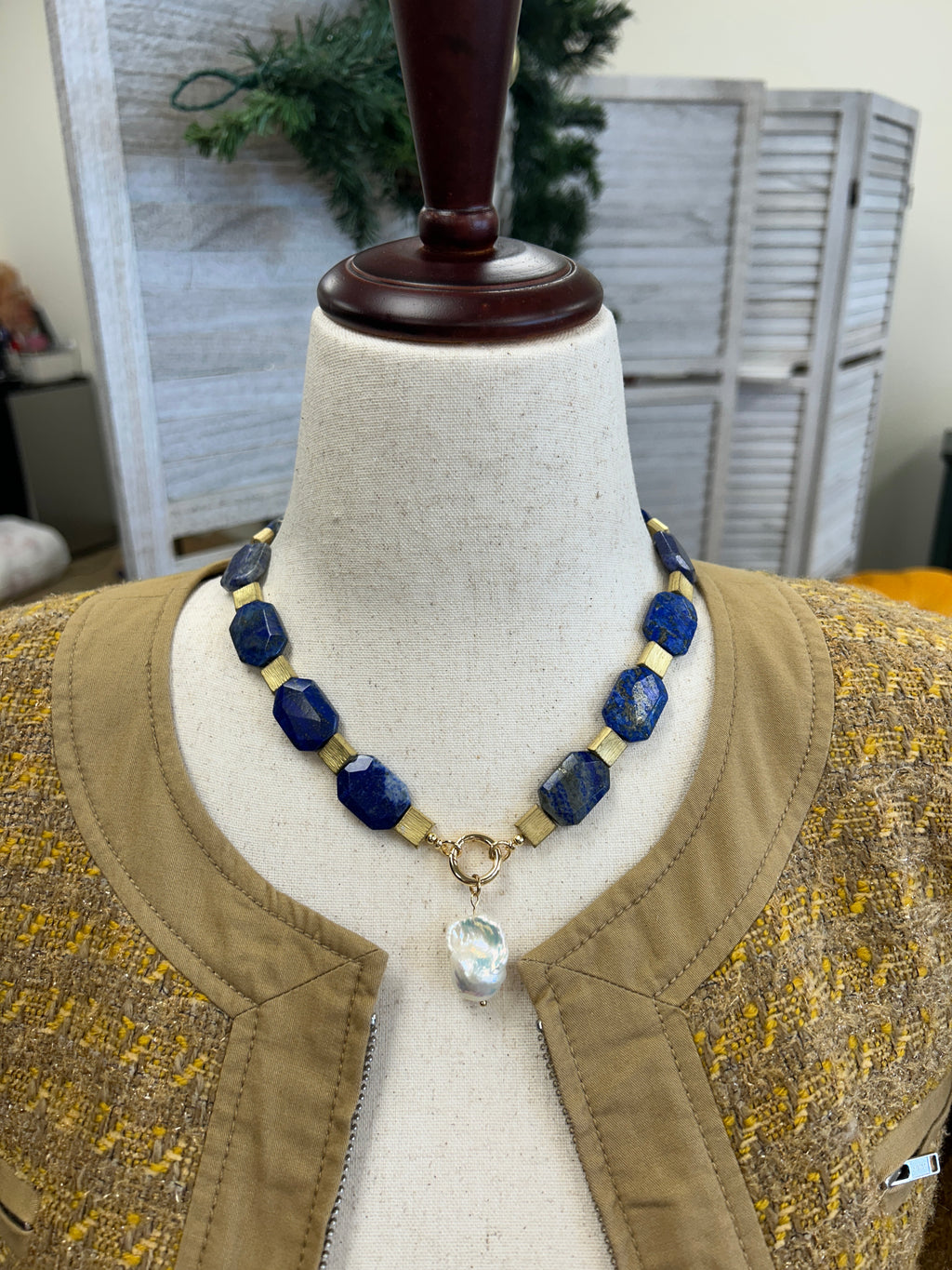 Lapis Lazuli and baroque pearl statement necklace