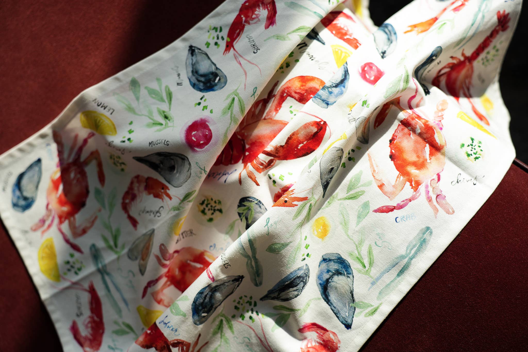 Seafood Table Tea Towel. Watercolor Lobster Dish Towel.