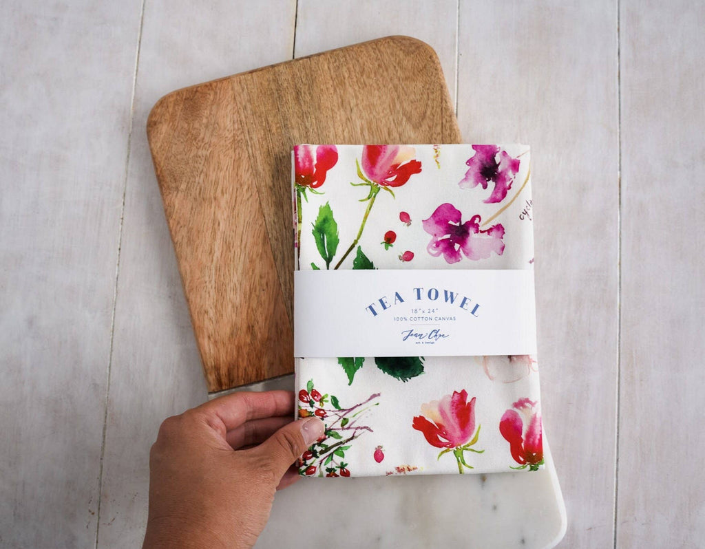 Botanical Rainbow (Red) Kitchen Tea Towel. Floral Tea Towel.