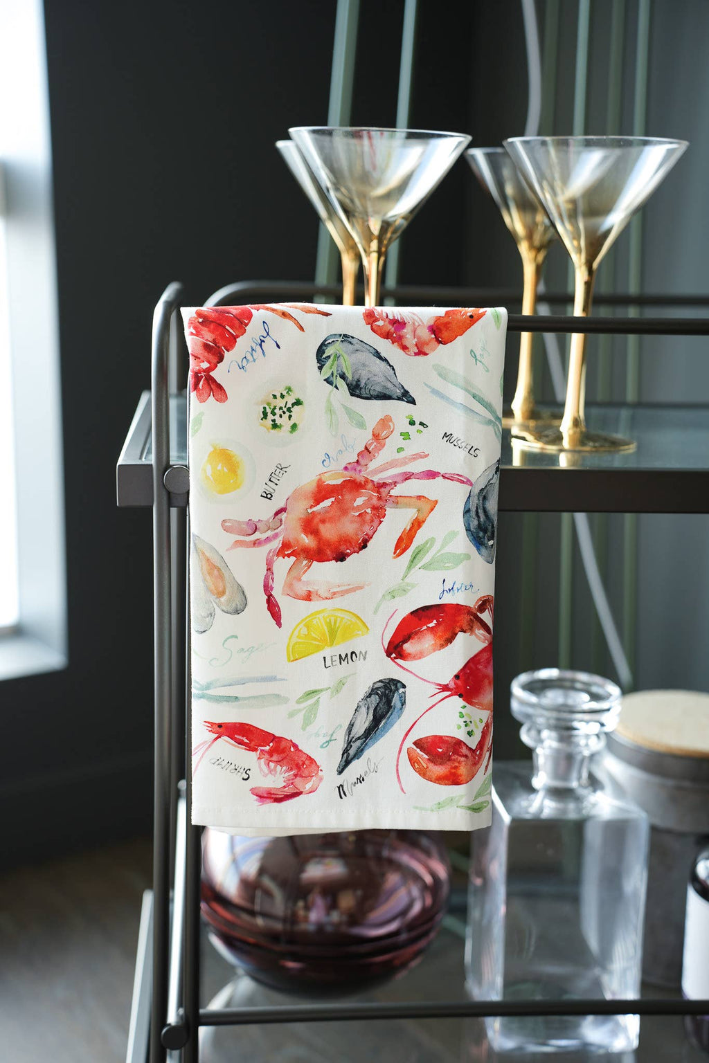 Seafood Table Tea Towel. Watercolor Lobster Dish Towel.