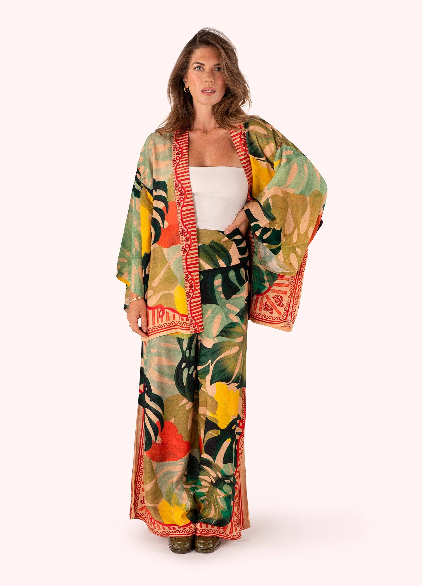 Cotton Wide Leg Trousers| Powder| Exotic Leaves