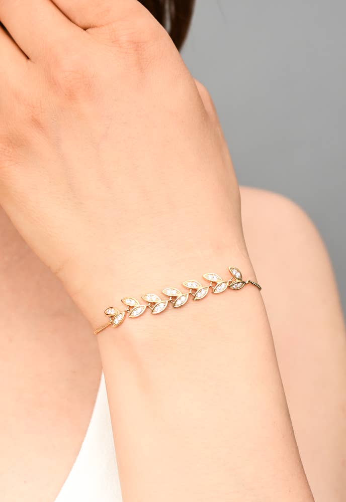 Crystal Vine Zircon and Gold Bracelet - 14K Gold Plated Leaf Bracelet Adjustable
