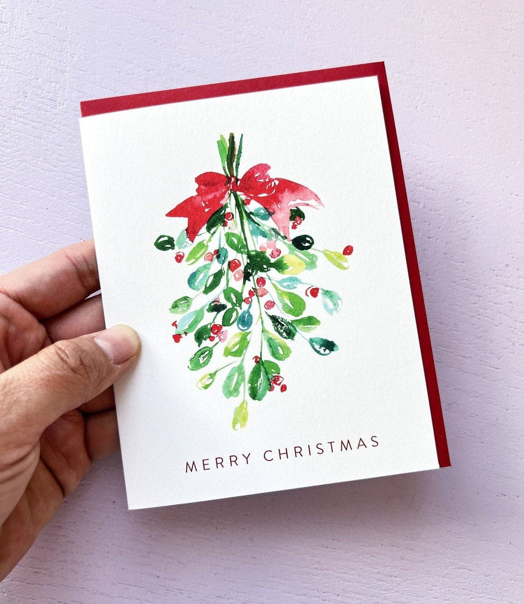 Merry Christmas Mistletoe Watercolor Holiday Card