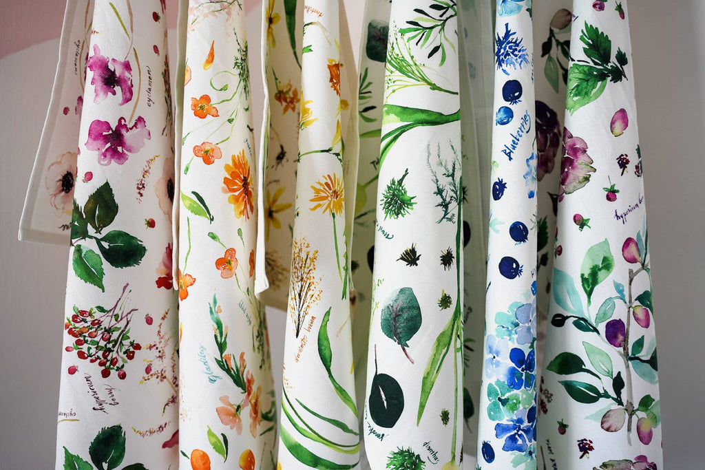 Botanical Rainbow (Blue) Flower Tea Towel. Floral Dish Towel