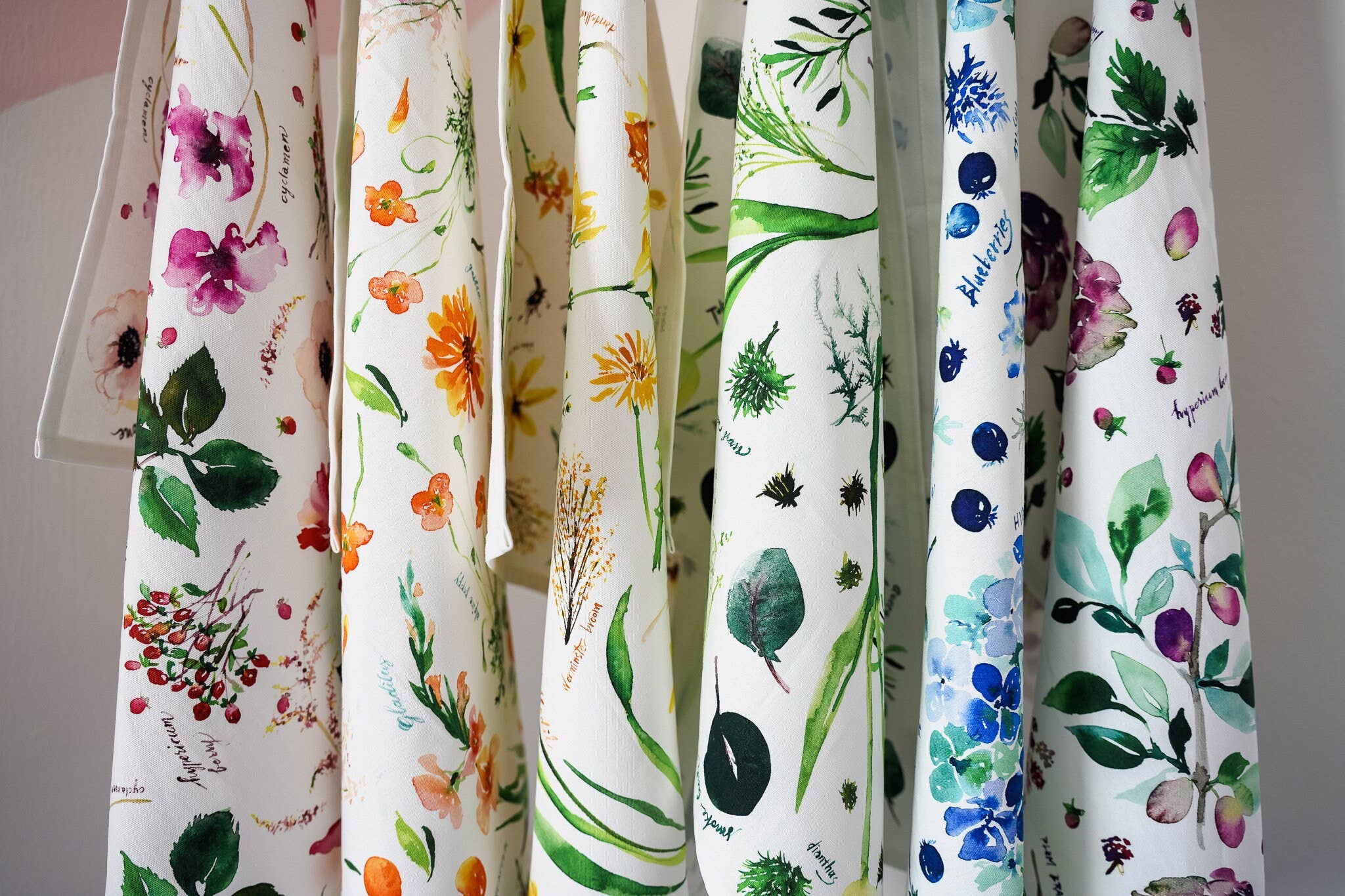 Botanical Rainbow (Blue) Flower Tea Towel. Floral Dish Towel