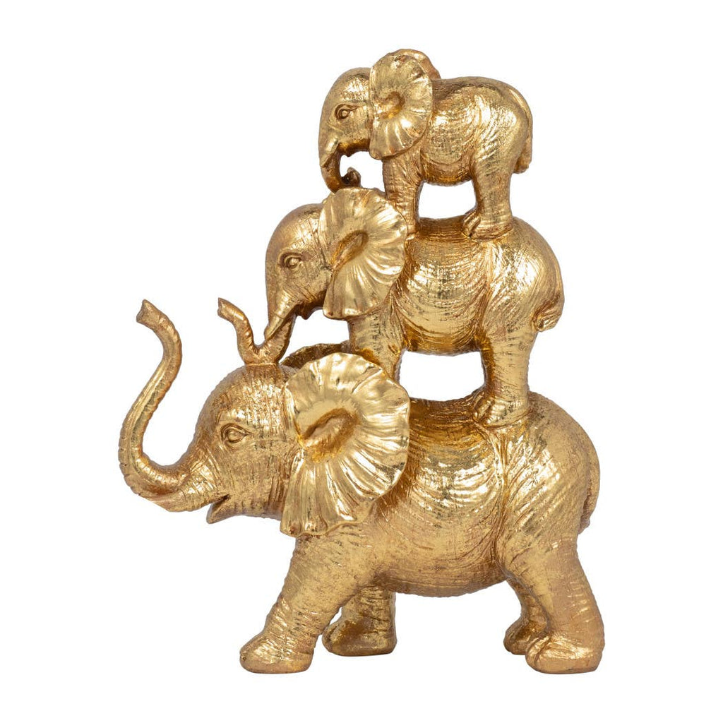 Stacked Raised Trunk Elephants Figurine - Gold, 10 in.
