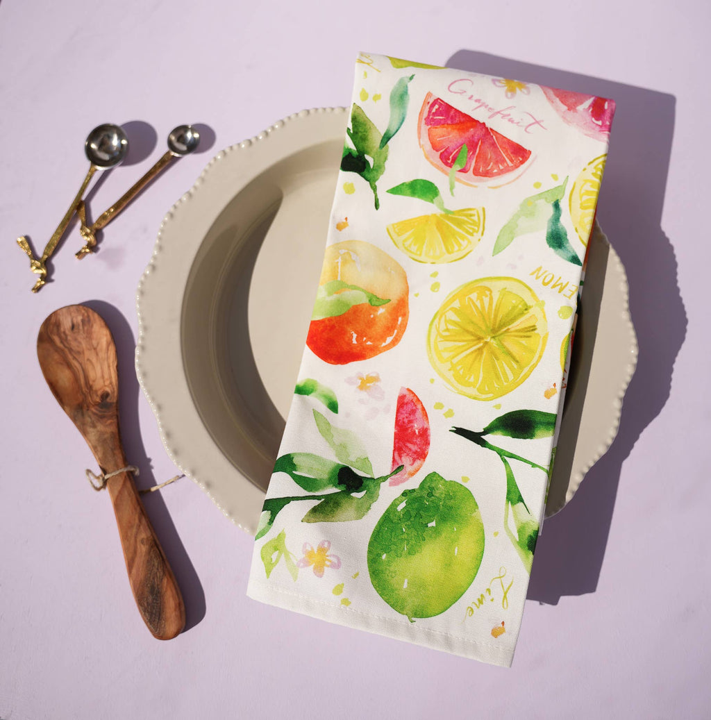 Citrus Party Tea Towel. Lemon Fruit Watercolor Kitchen Towel