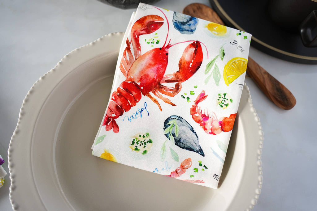 Seafood Table Tea Towel. Watercolor Lobster Dish Towel.