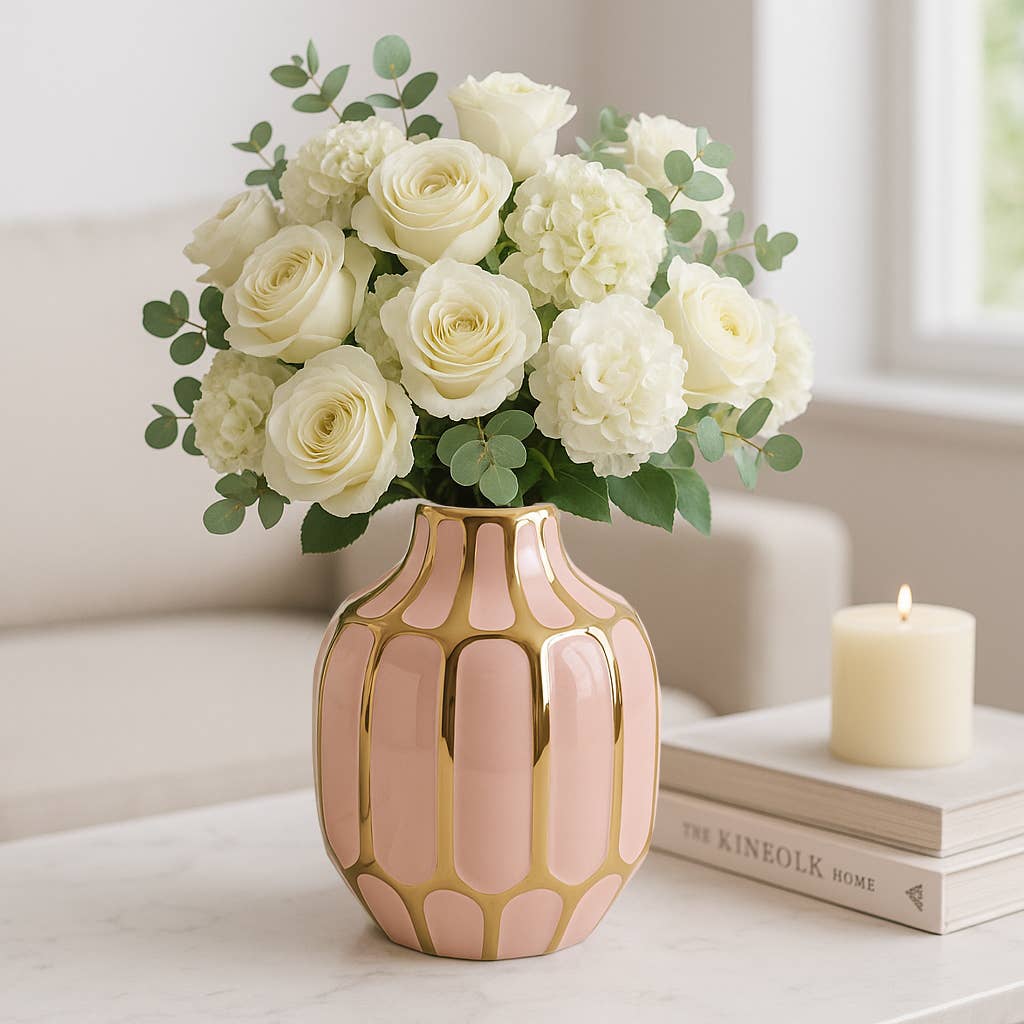 Pink Ceramic Striped Blush Vase - 8 in.