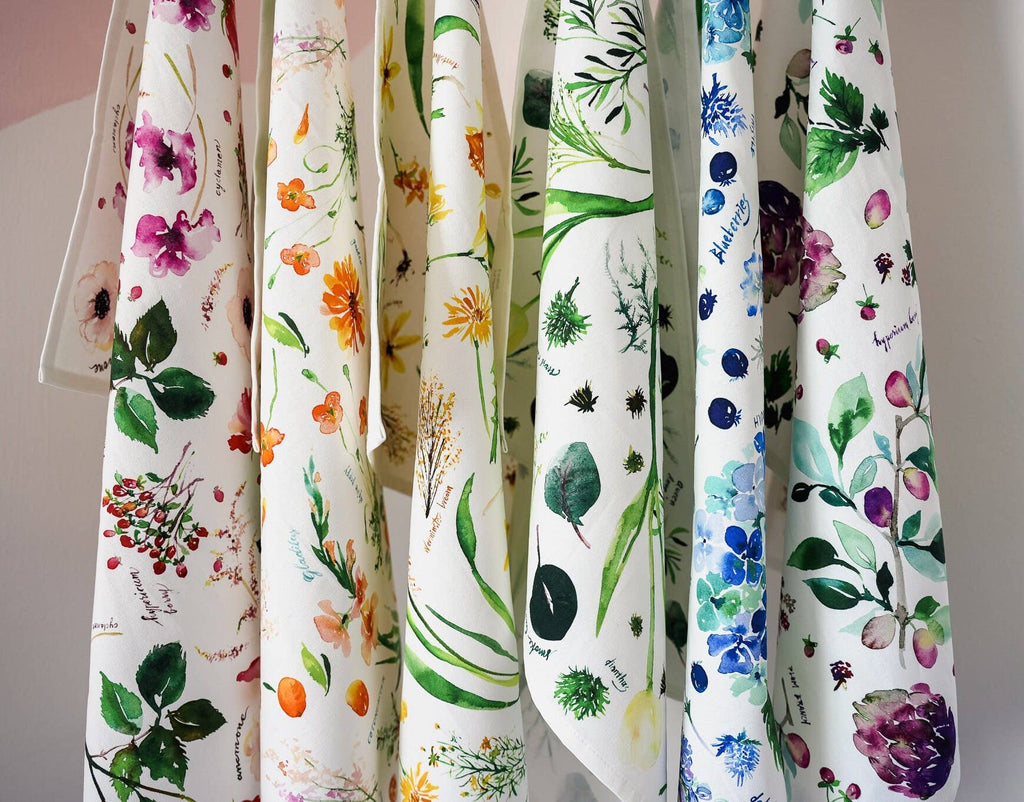 Botanical Rainbow (Red) Kitchen Tea Towel. Floral Tea Towel.