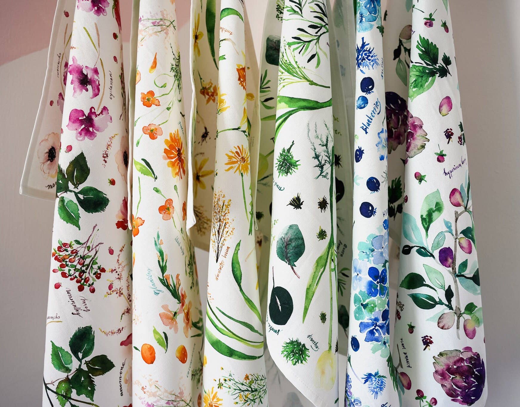 Botanical Rainbow (Red) Kitchen Tea Towel. Floral Tea Towel.