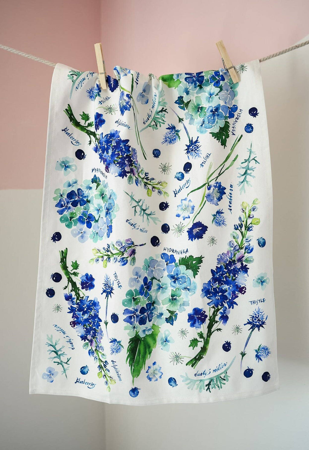 Botanical Rainbow (Blue) Flower Tea Towel. Floral Dish Towel