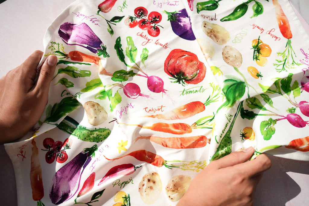 Vegetable Medley Tea Towel. Watercolor Veggie Kitchen Towel.