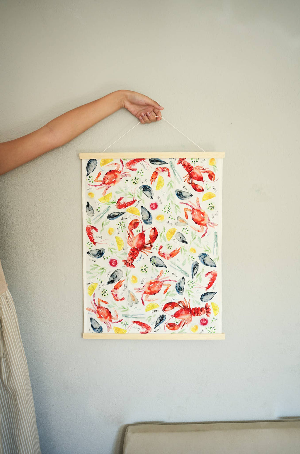 Seafood Table Tea Towel. Watercolor Lobster Dish Towel.