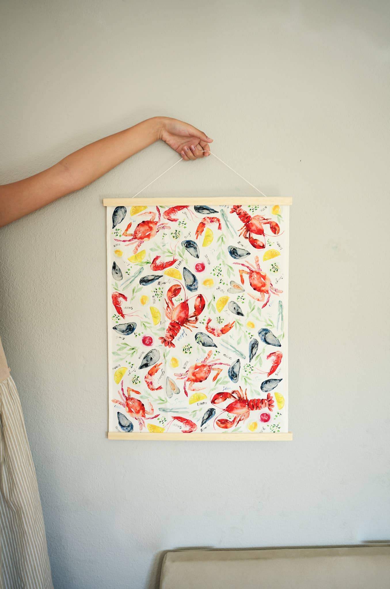 Seafood Table Tea Towel. Watercolor Lobster Dish Towel.