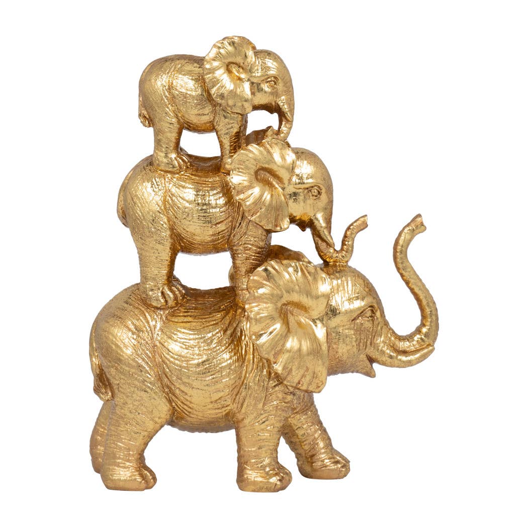 Stacked Raised Trunk Elephants Figurine - Gold, 10 in.