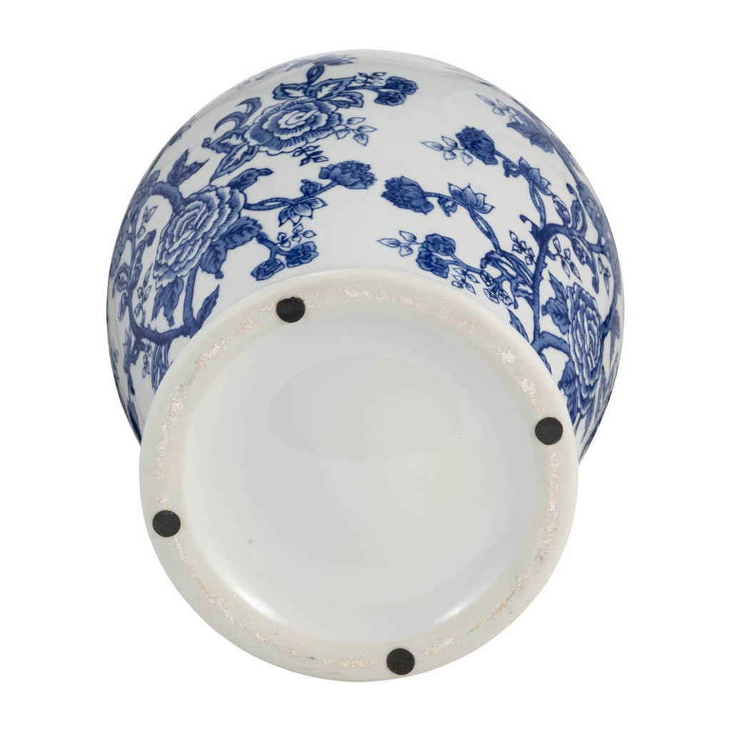 Blue Ceramic Chinoiserie Temple Jar with Bird/Flower - 18 in.