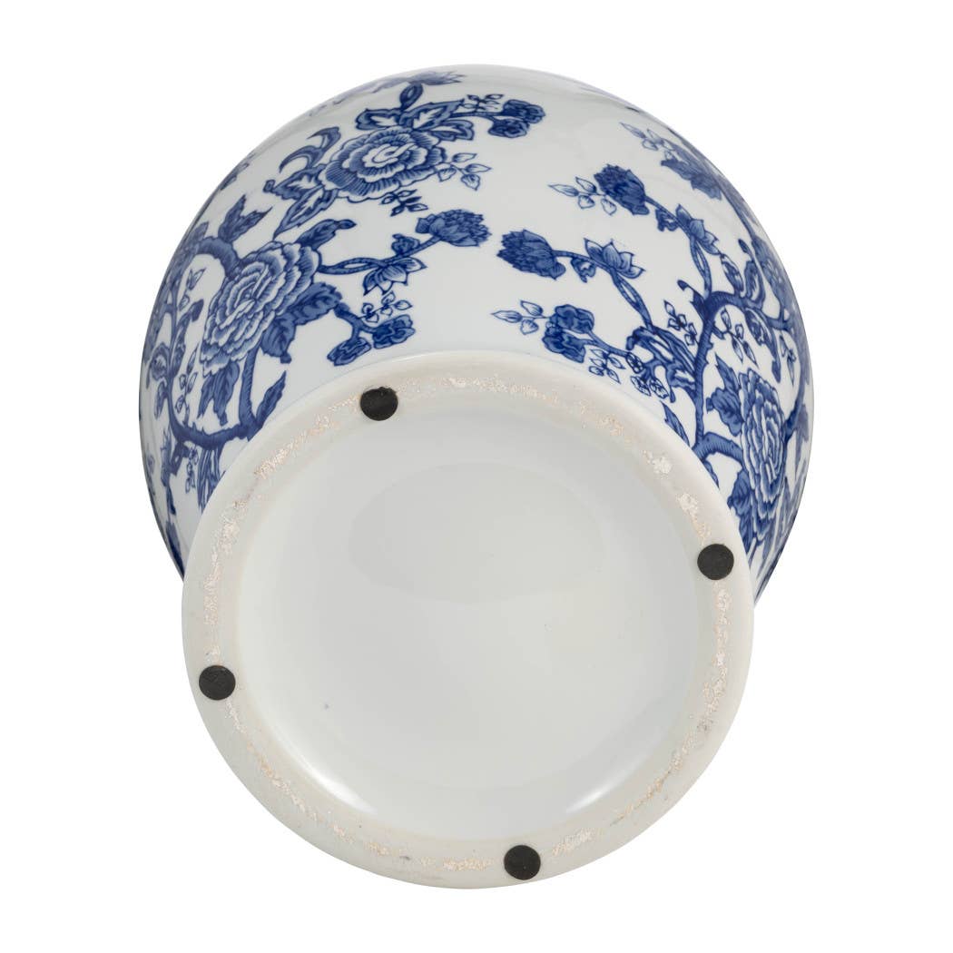 Blue Ceramic Chinoiserie Temple Jar with Bird/Flower - 18 in.