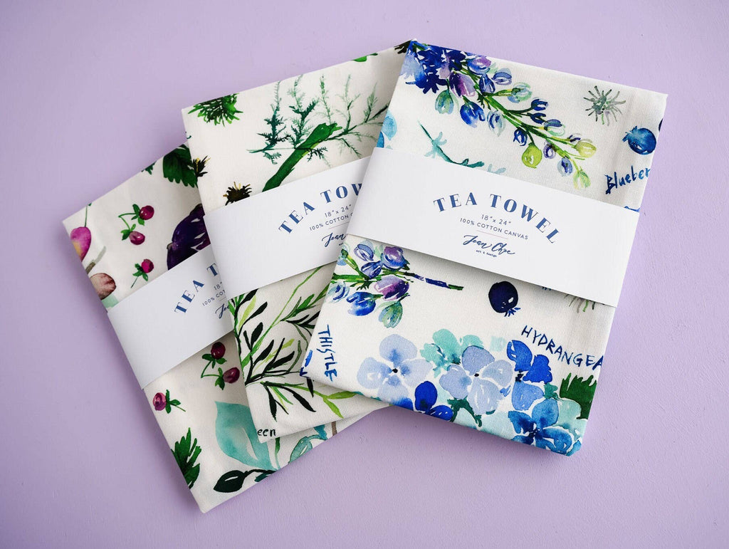 Botanical Rainbow (Blue) Flower Tea Towel. Floral Dish Towel