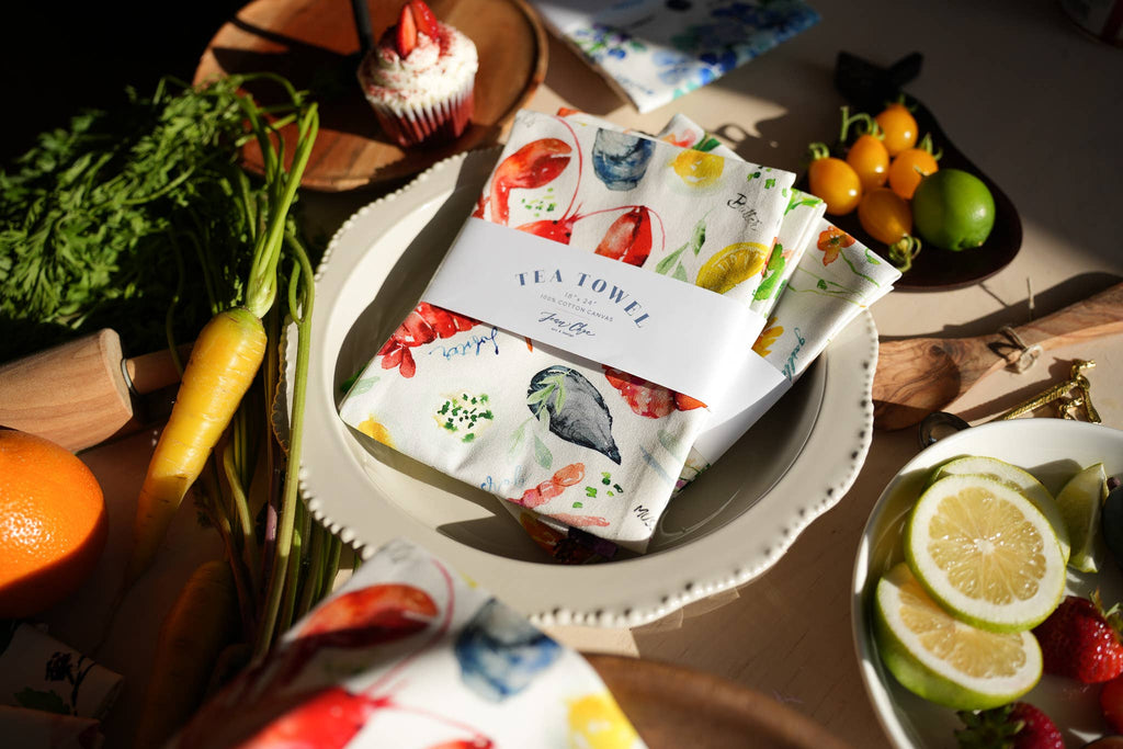 Seafood Table Tea Towel. Watercolor Lobster Dish Towel.