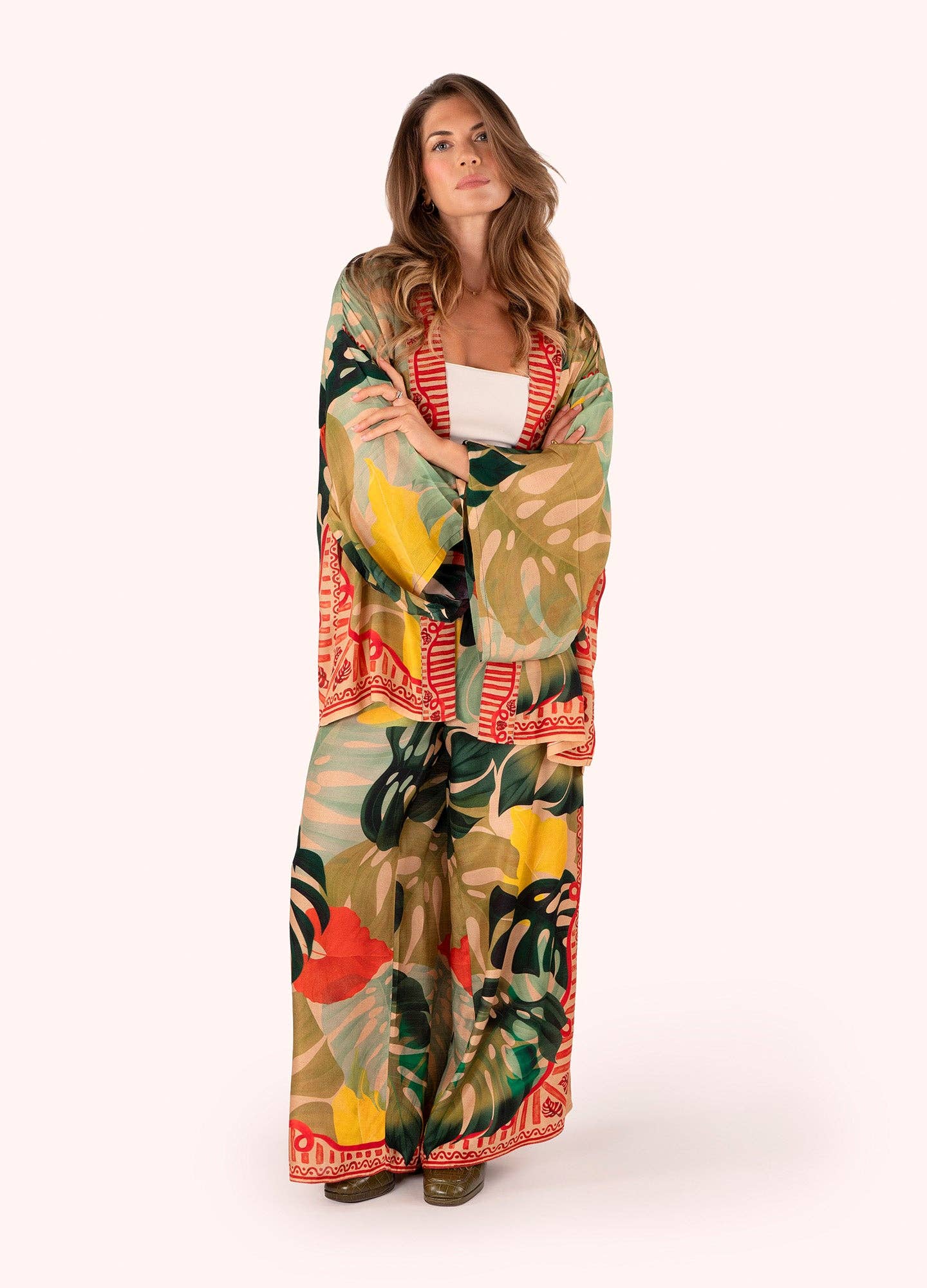 Cotton Wide Leg Trousers| Powder| Exotic Leaves