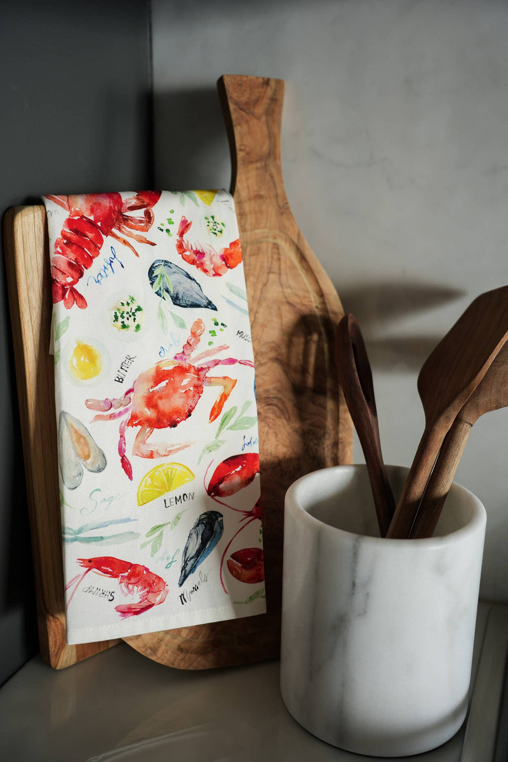 Seafood Table Tea Towel. Watercolor Lobster Dish Towel.