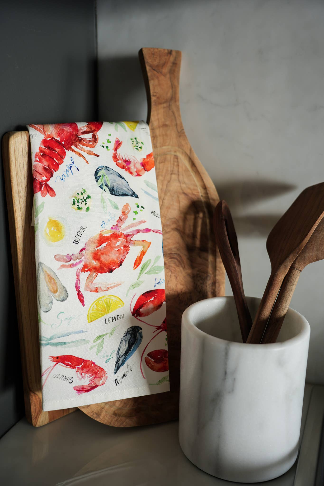 Seafood Table Tea Towel. Watercolor Lobster Dish Towel.