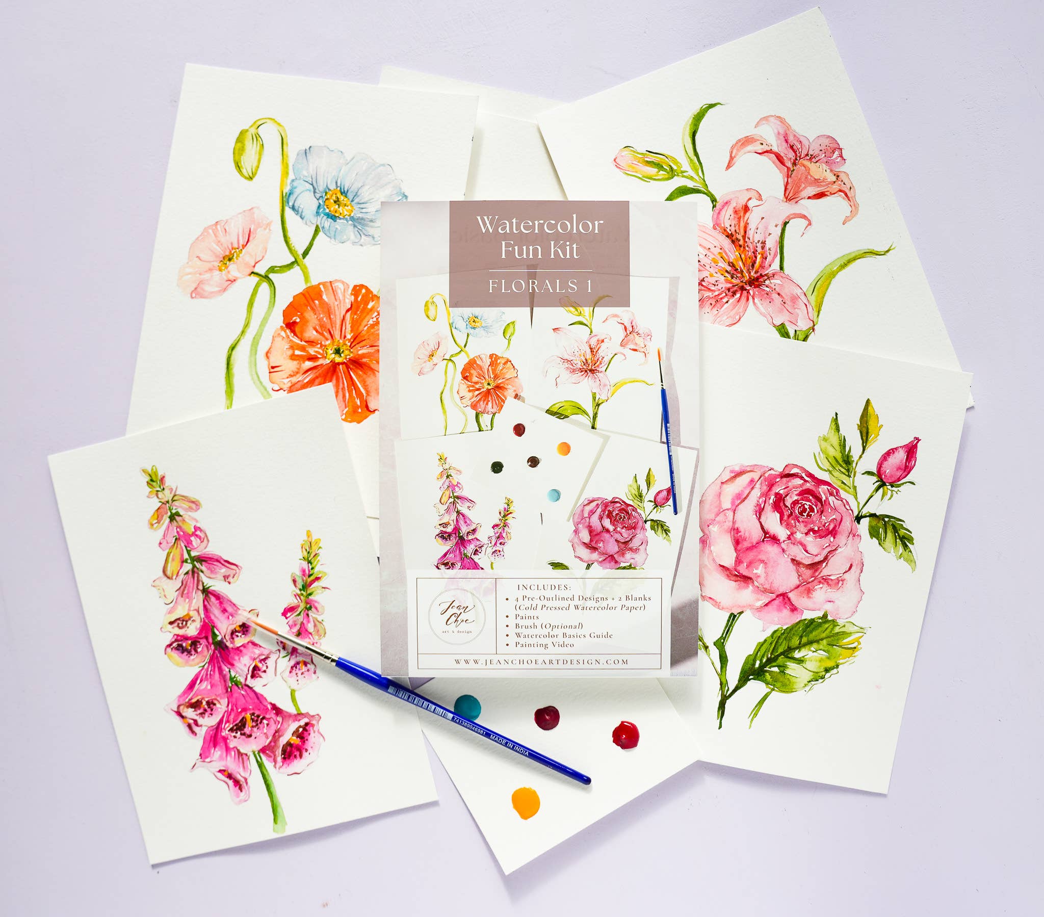 Florals Watercolor Painting Kit with Outlined Pages
