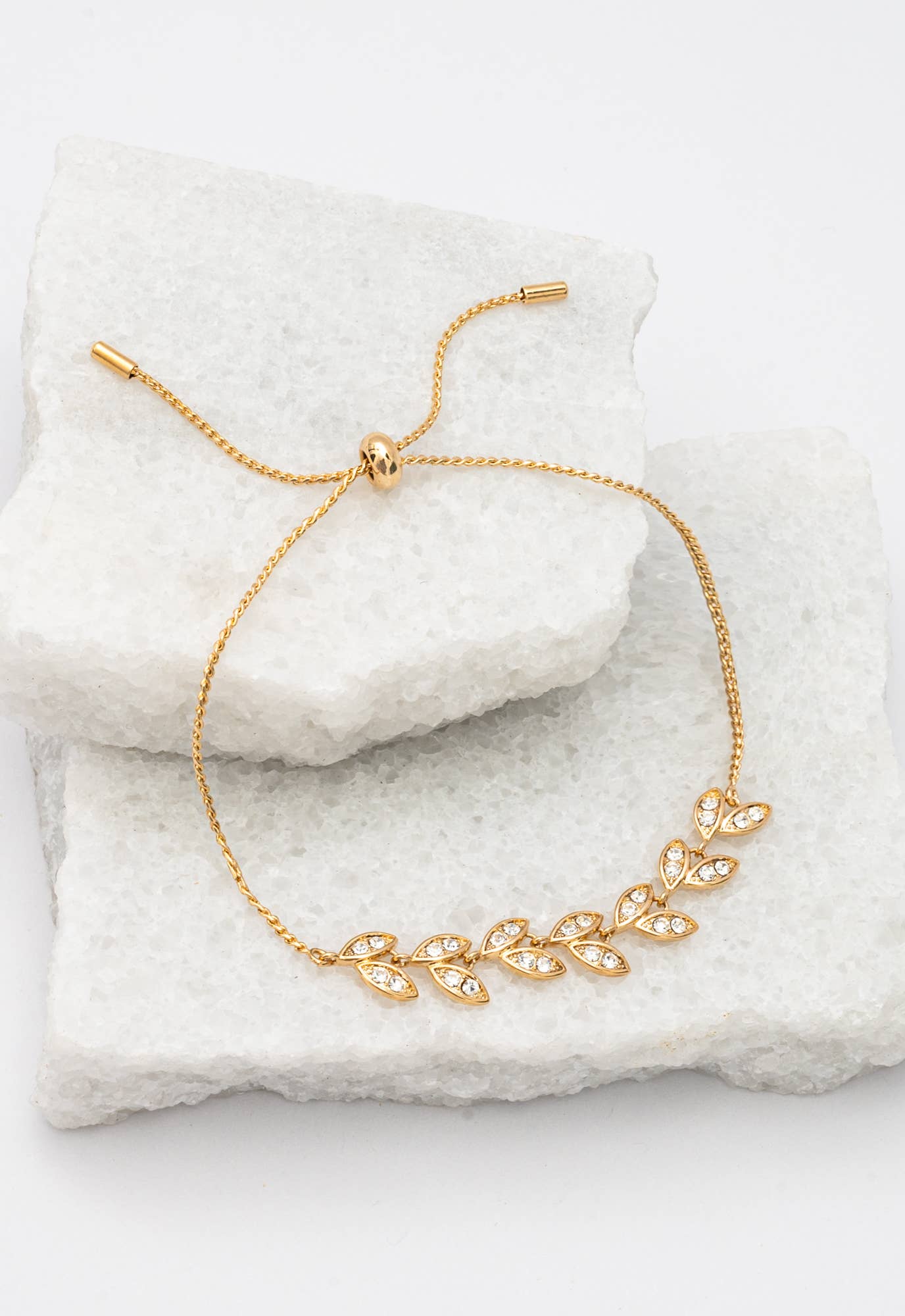 Crystal Vine Zircon and Gold Bracelet - 14K Gold Plated Leaf Bracelet Adjustable