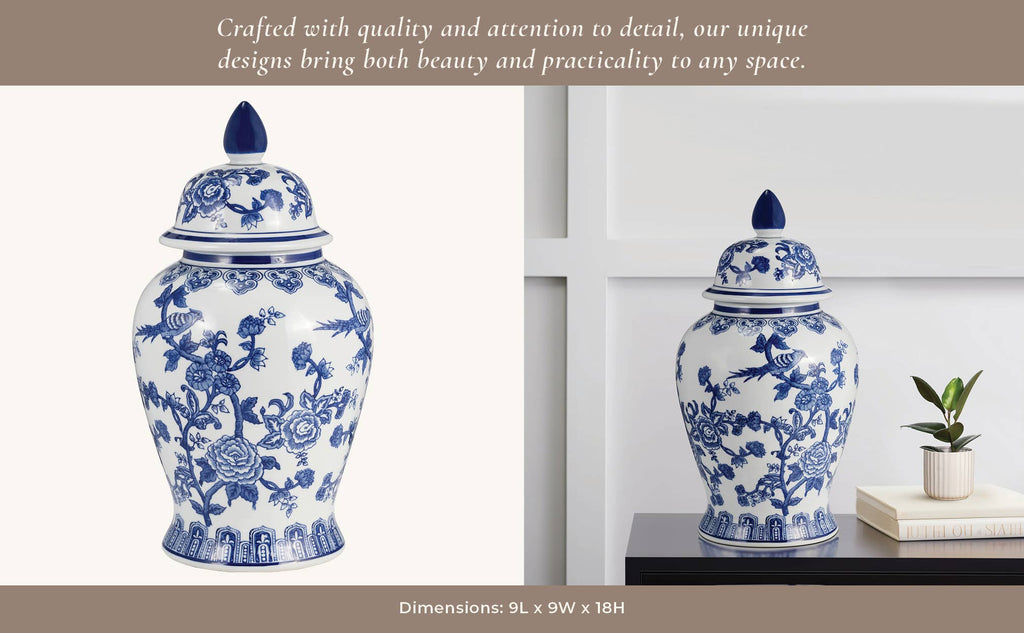 Blue Ceramic Chinoiserie Temple Jar with Bird/Flower - 18 in.