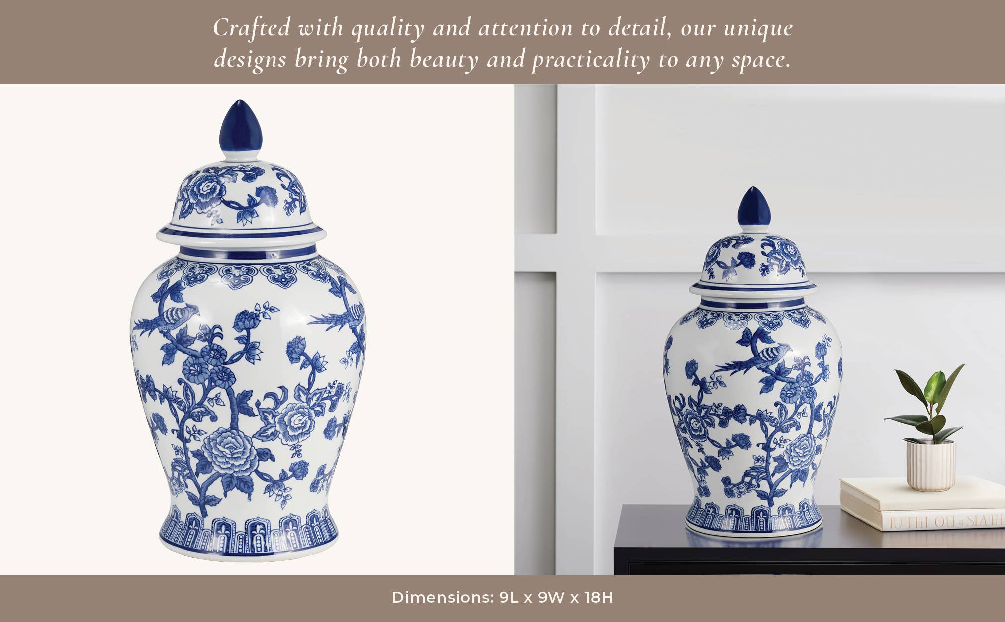 Blue Ceramic Chinoiserie Temple Jar with Bird/Flower - 18 in.