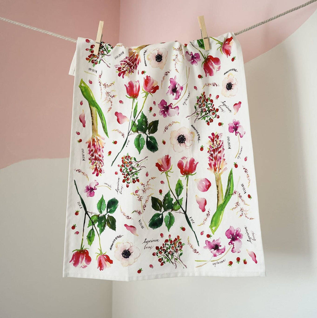 Botanical Rainbow (Red) Kitchen Tea Towel. Floral Tea Towel.