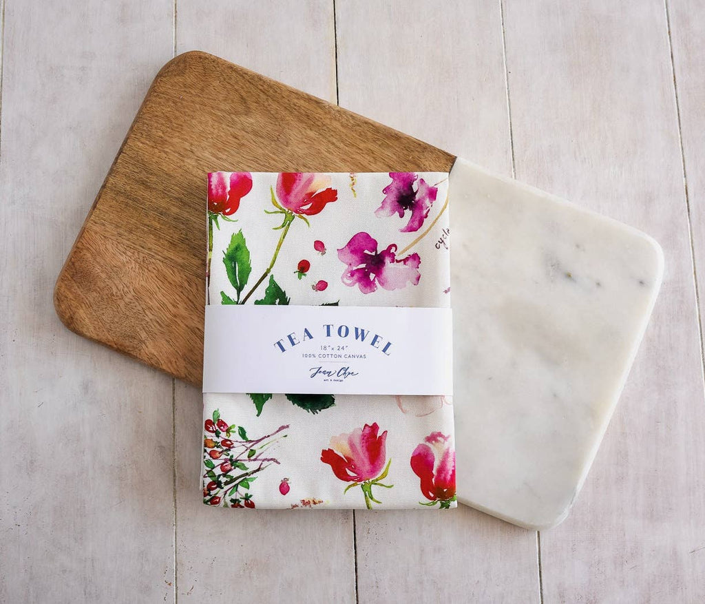 Botanical Rainbow (Red) Kitchen Tea Towel. Floral Tea Towel.