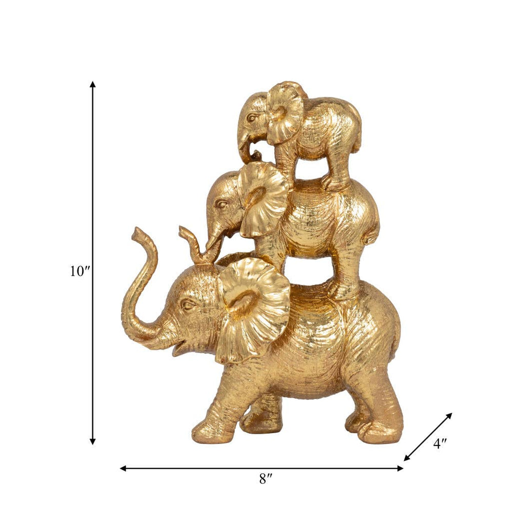 Stacked Raised Trunk Elephants Figurine - Gold, 10 in.